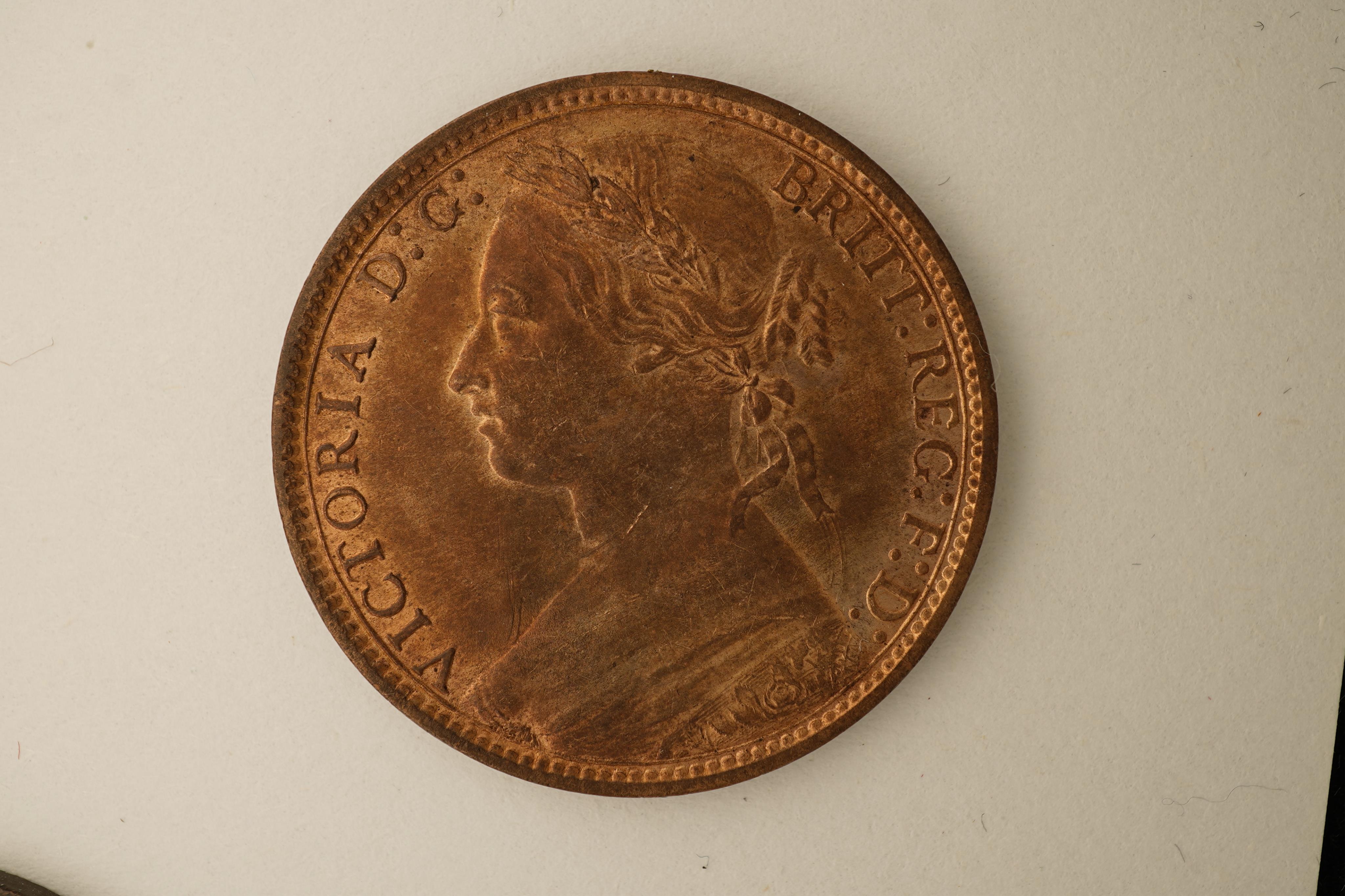 British coins, Victoria, three bronze pennies;, 1876, H below small date, Fr. 89, Gouby dies L/m, good EF, much lustre, 1877, Fr. 91, Gouby dies L/k, spotting and die clash to obv. otherwise crisply struck near UNC, much